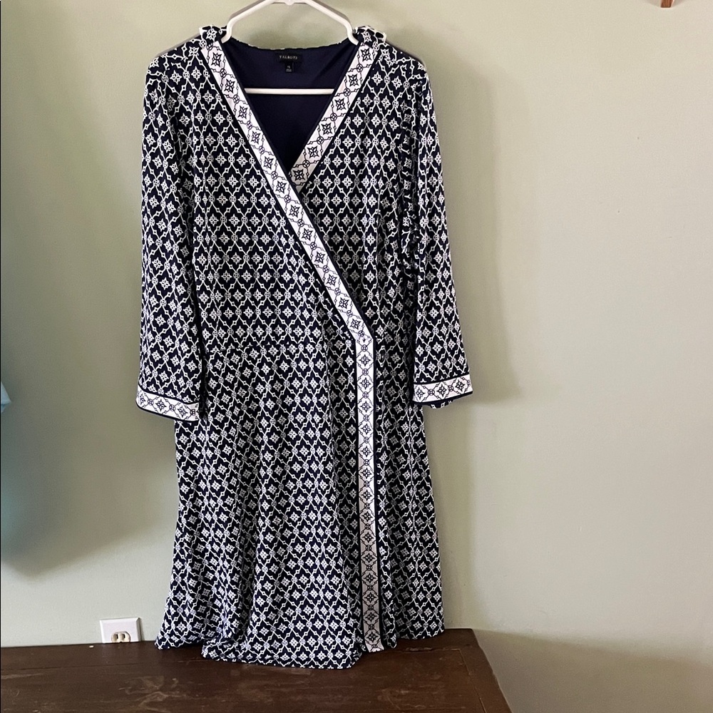 Talbots Black and White Long Sleeve Wrap Dress with Geometric Print